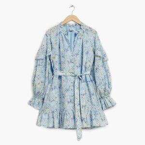 NWT & Other Stories Blue Floral Long Sleeve Cotton Silk Tiered Dress Size Large